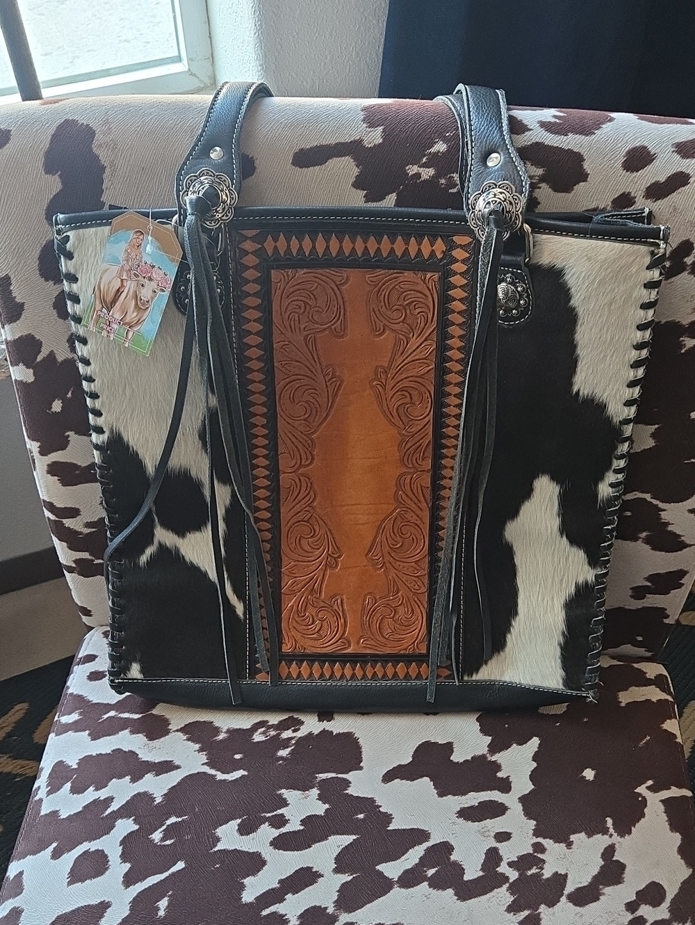 Leather & Haircalf Western Tote Bag - Black, White & Tan